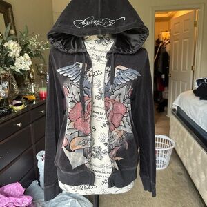 Ed Hardy Black Velvet Zip up with red and Gray  Design